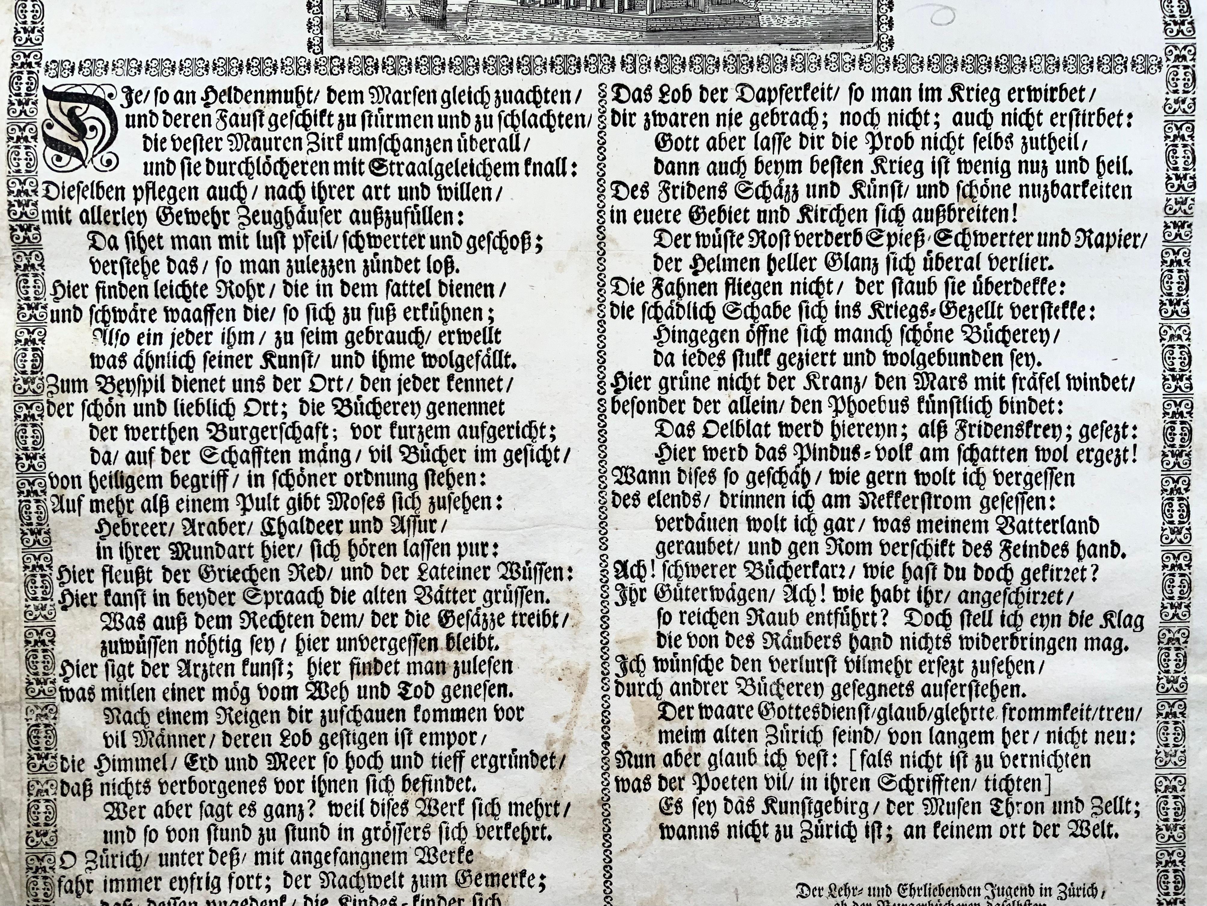 Swiss 1661 Broadsheet, Ode to the City Library, Zurich, Switzerland, Bibliothecography For Sale