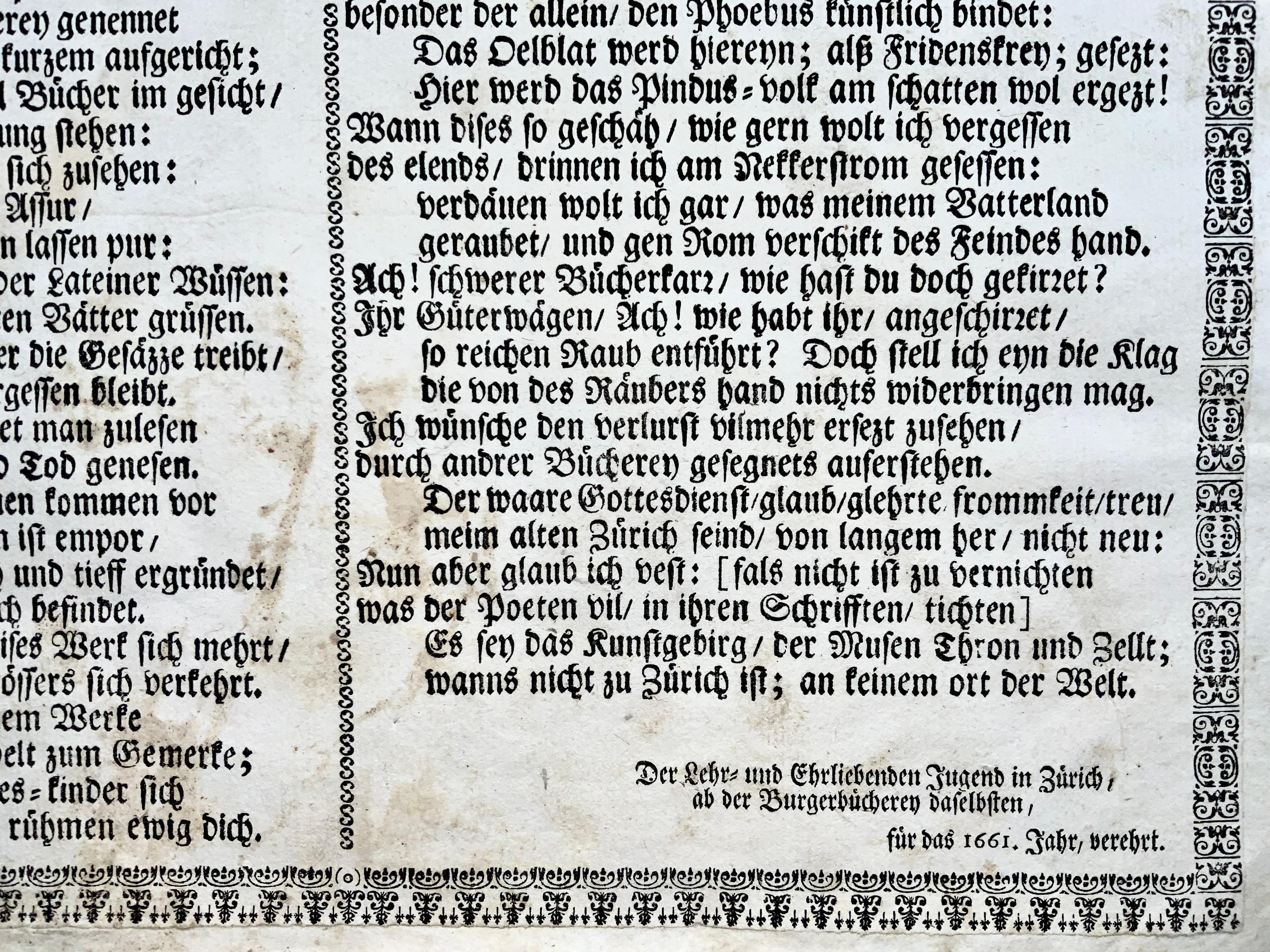 1661 Brosche, Ode an die Stadtbibliothek, Zürich, Schweiz, Bibliothekographie (Radiert) im Angebot