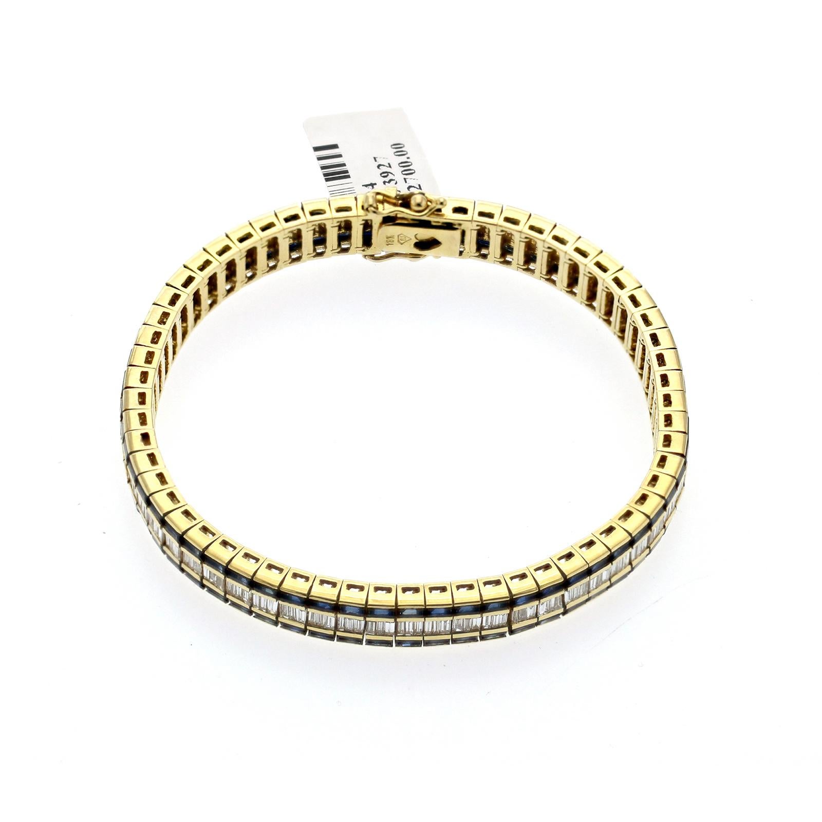 16.62 CT Blue Sapphire & 3.20 CT Baguette Diamond 18K Yellow Gold Bracelet For Sale 1