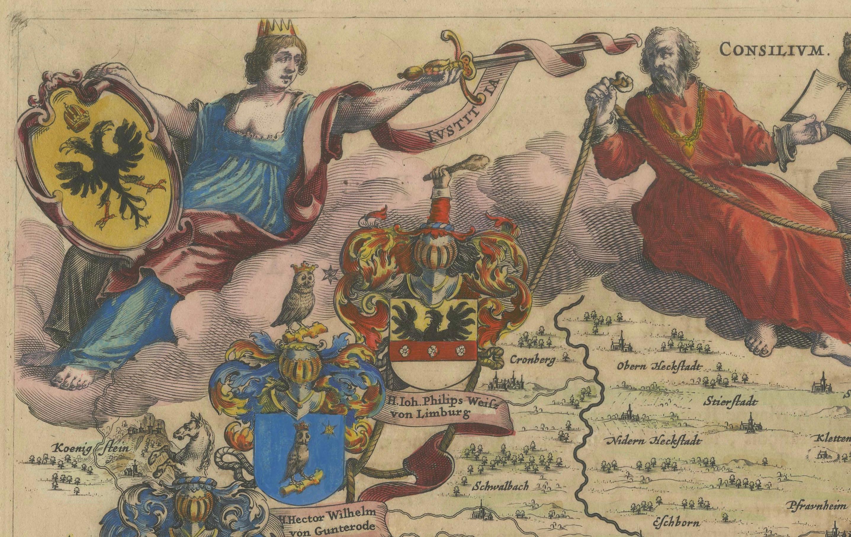 1663 Mapa de Fráncfort grabado por Blaeu con escudos de armas decorativos en Bueno estado para la venta en Langweer, NL