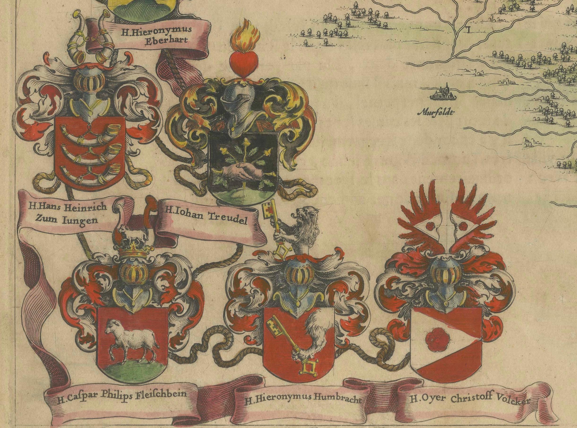 1663 Mapa de Fráncfort grabado por Blaeu con escudos de armas decorativos mediados del siglo XVII en venta
