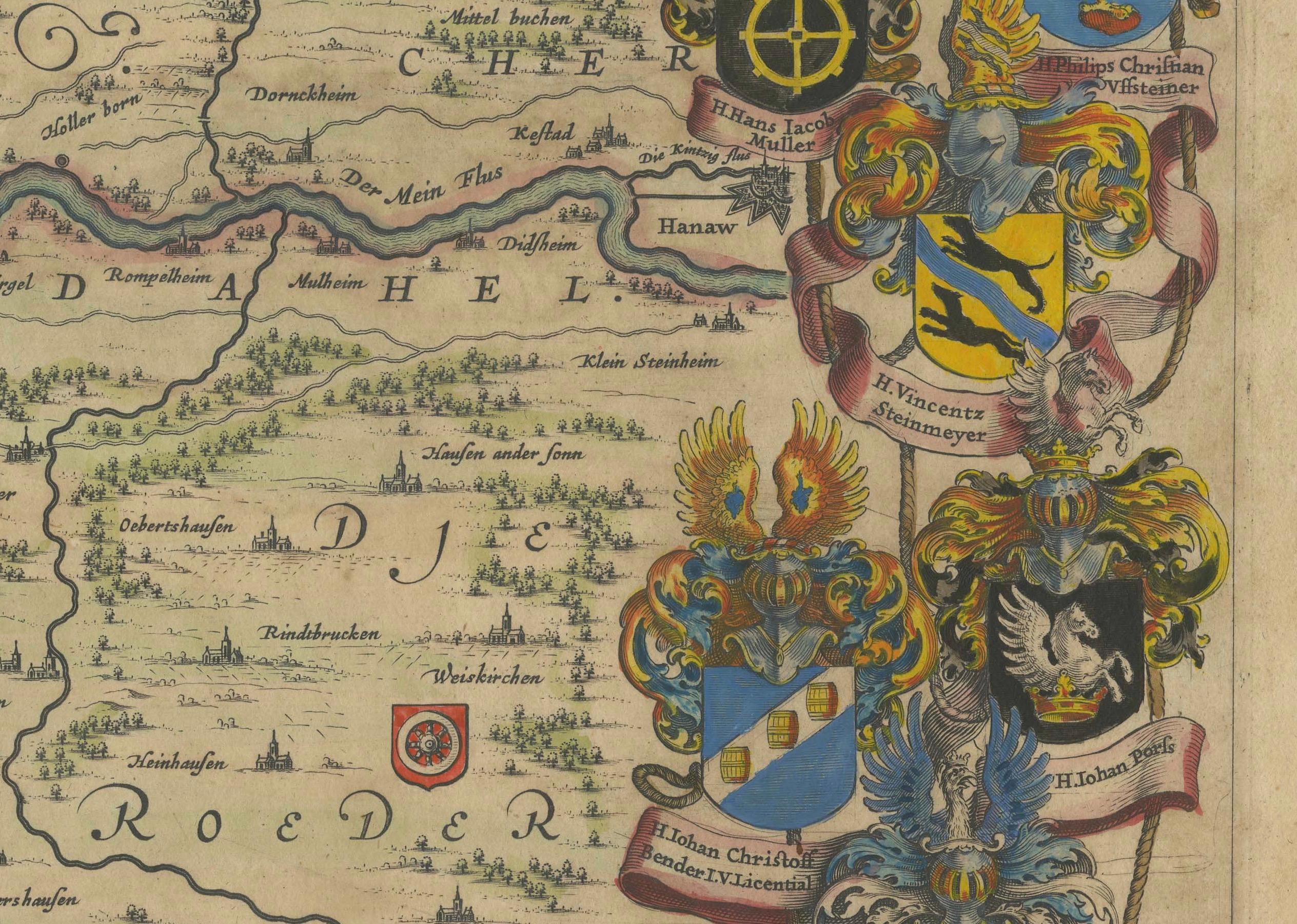 1663 Mapa de Fráncfort grabado por Blaeu con escudos de armas decorativos Papel en venta