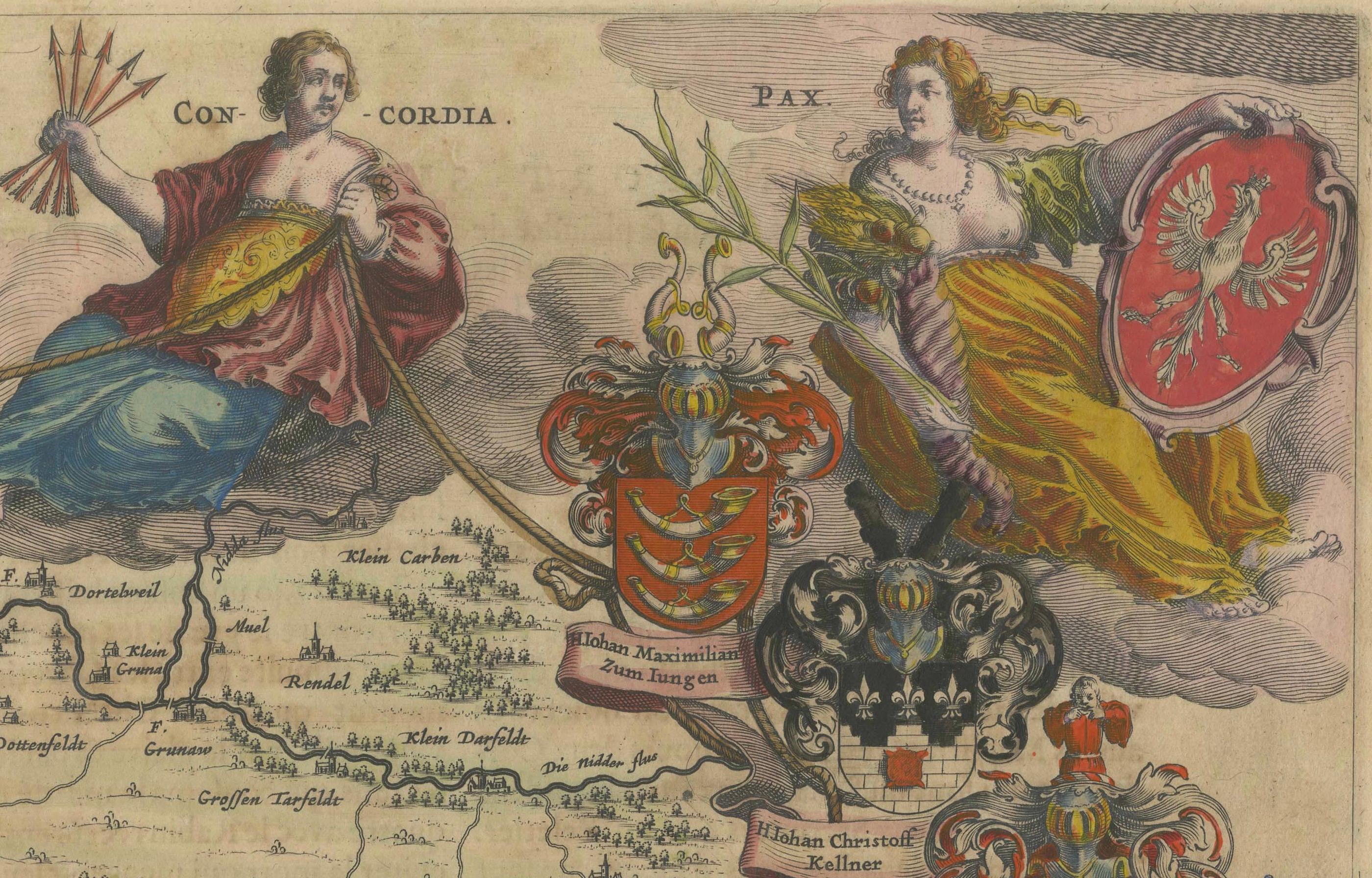 1663 Mapa de Fráncfort grabado por Blaeu con escudos de armas decorativos en venta 1