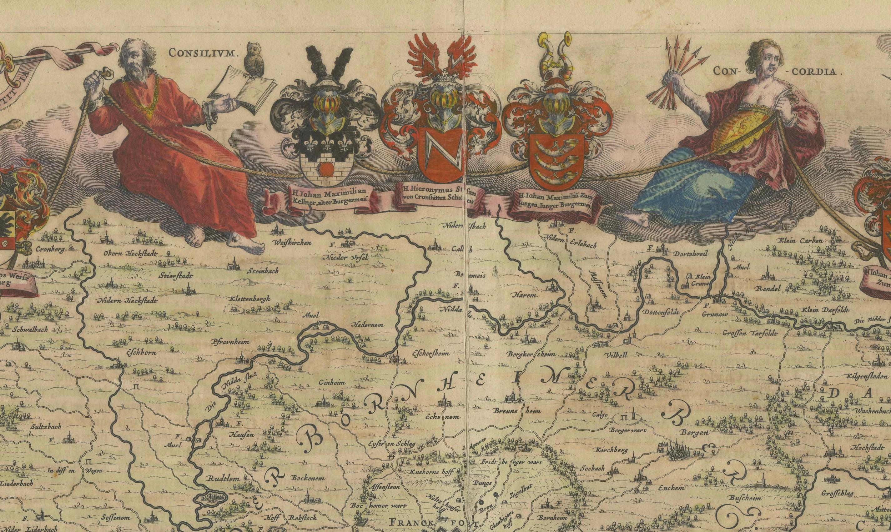 1663 Mapa de Fráncfort grabado por Blaeu con escudos de armas decorativos en venta 3