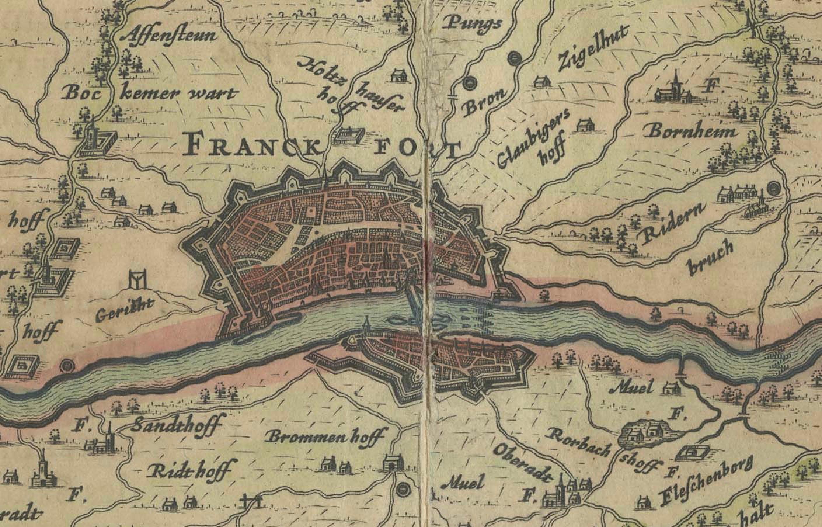 1663 Mapa de Fráncfort grabado por Blaeu con escudos de armas decorativos en venta 4