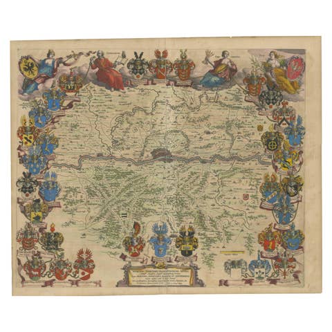 1663 Blaeu's Engraved Map of Frankfurt with Decorative Coats of Arms