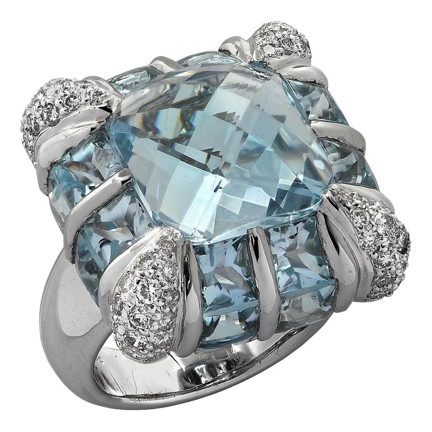 16.63 Carat Blue Topaz and Diamond Cocktail Ring