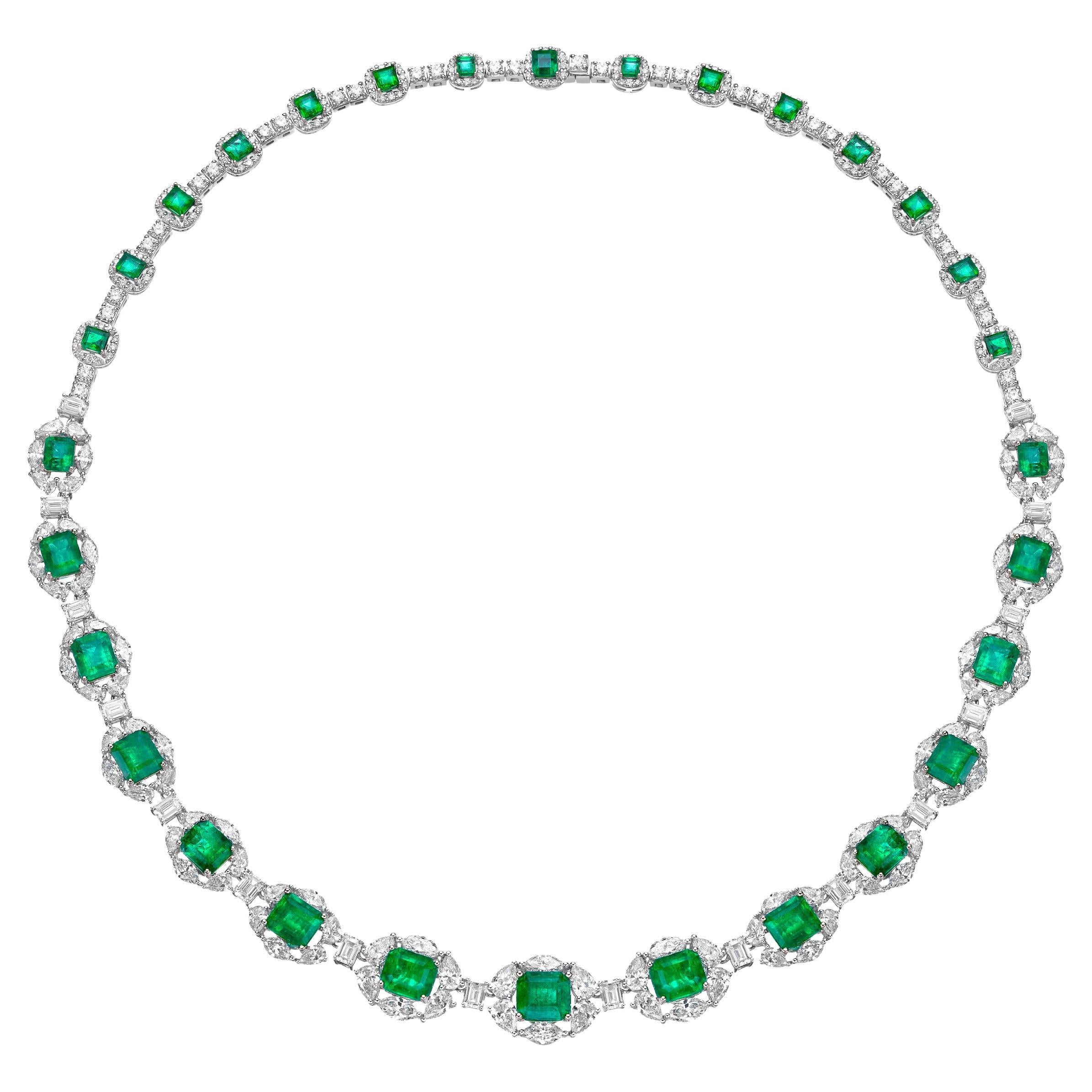 16.63 Carat Emerald Necklace in 18KWYG with White Diamond.