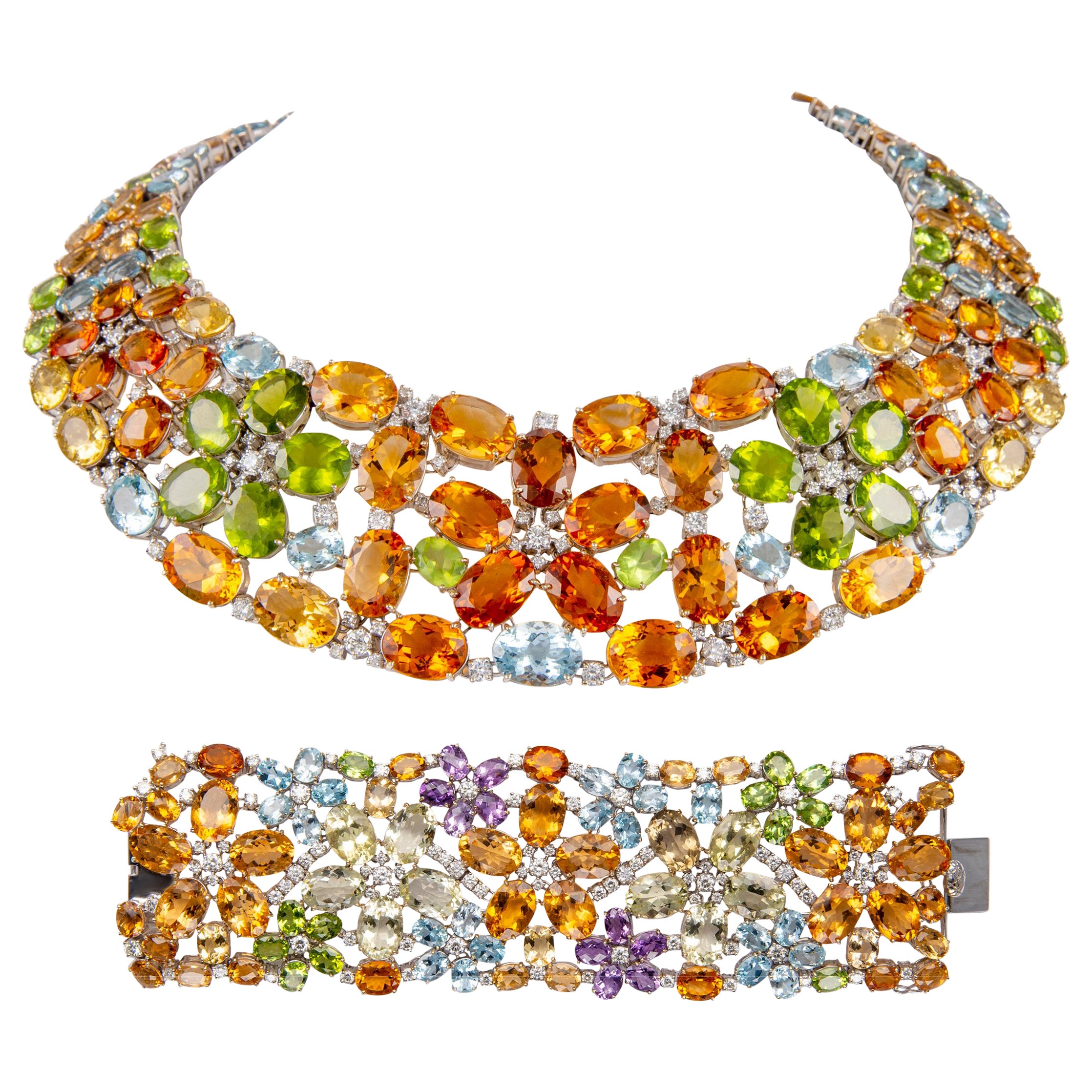 166.33ct Multi Color Stone & Diamond Necklace Set 18k White Gold For Sale