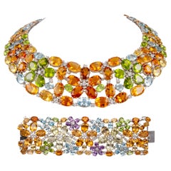 166.33ct Multi Color Stone & Diamond Necklace Set 18k White Gold