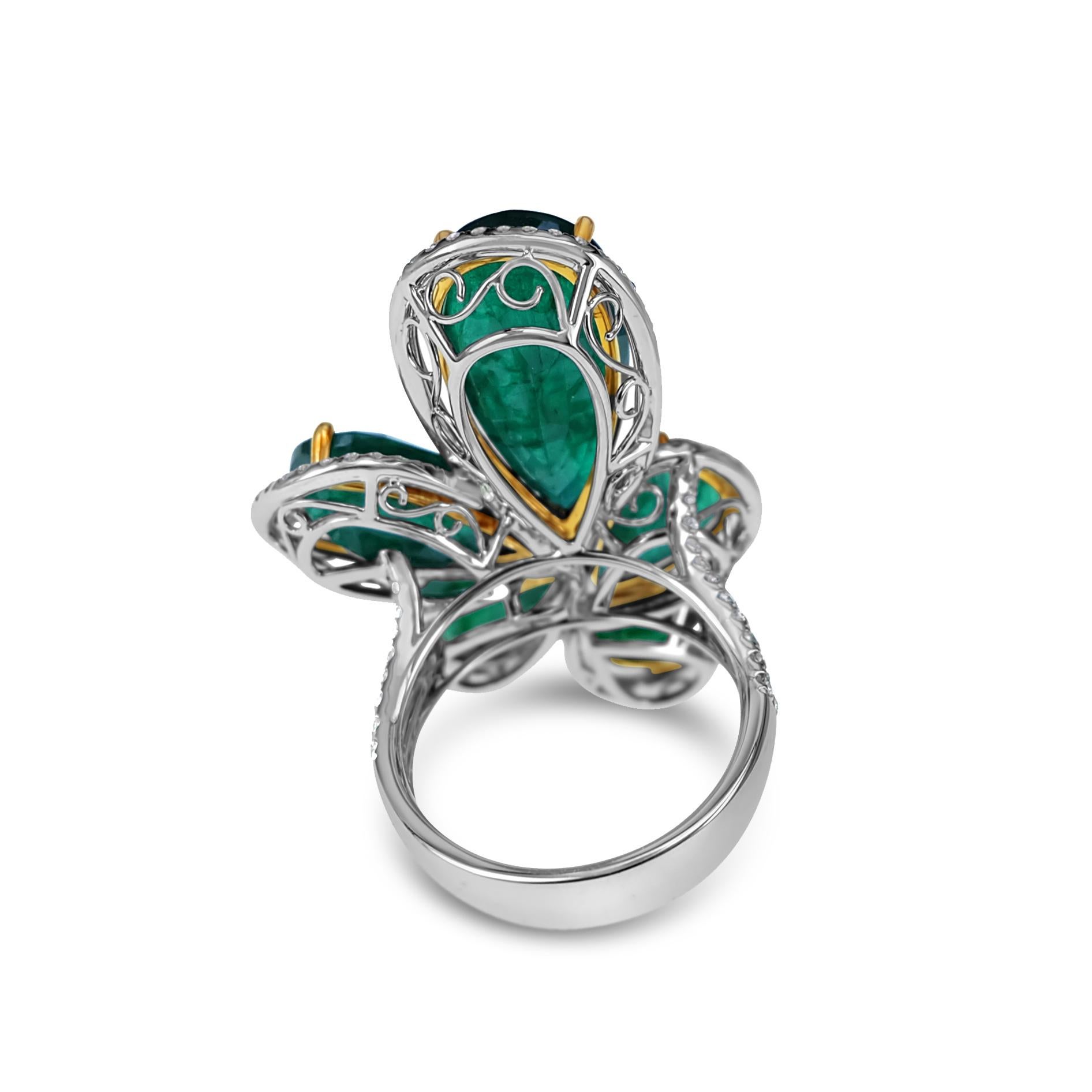 Pear Cut 16.64 Carat Emerald Flower Cluster Ring For Sale