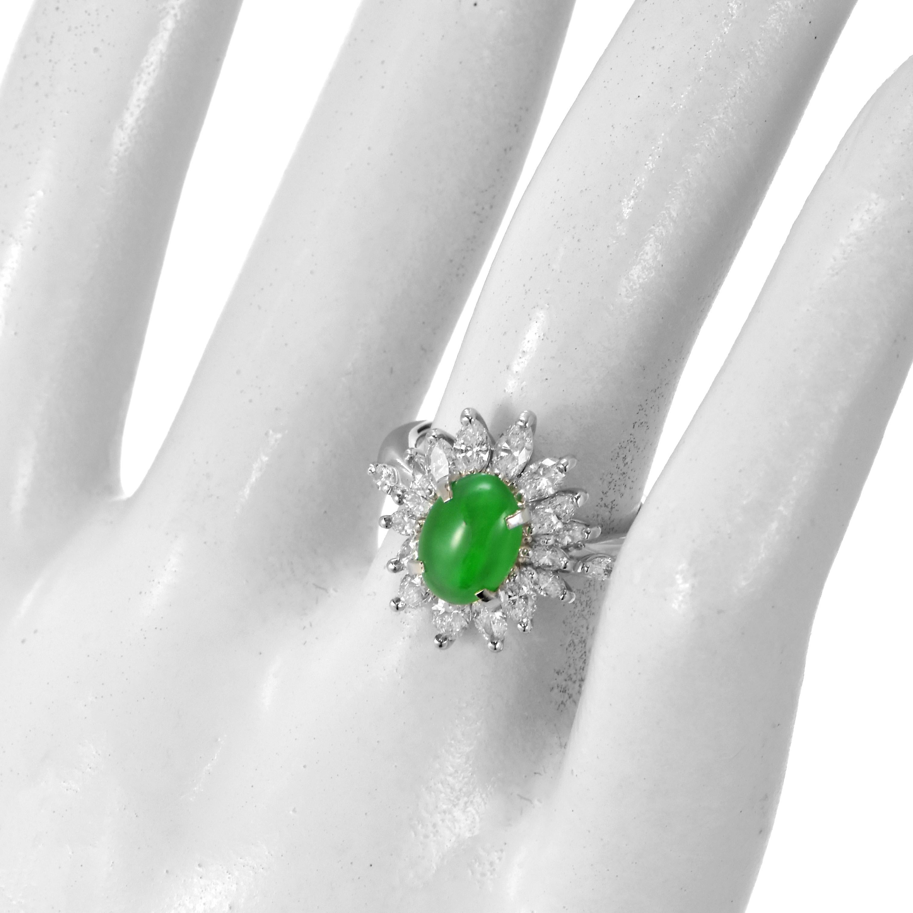 1.665 Carat Natural Type A Jade and Diamond Ring Made in Platinum For Sale 7
