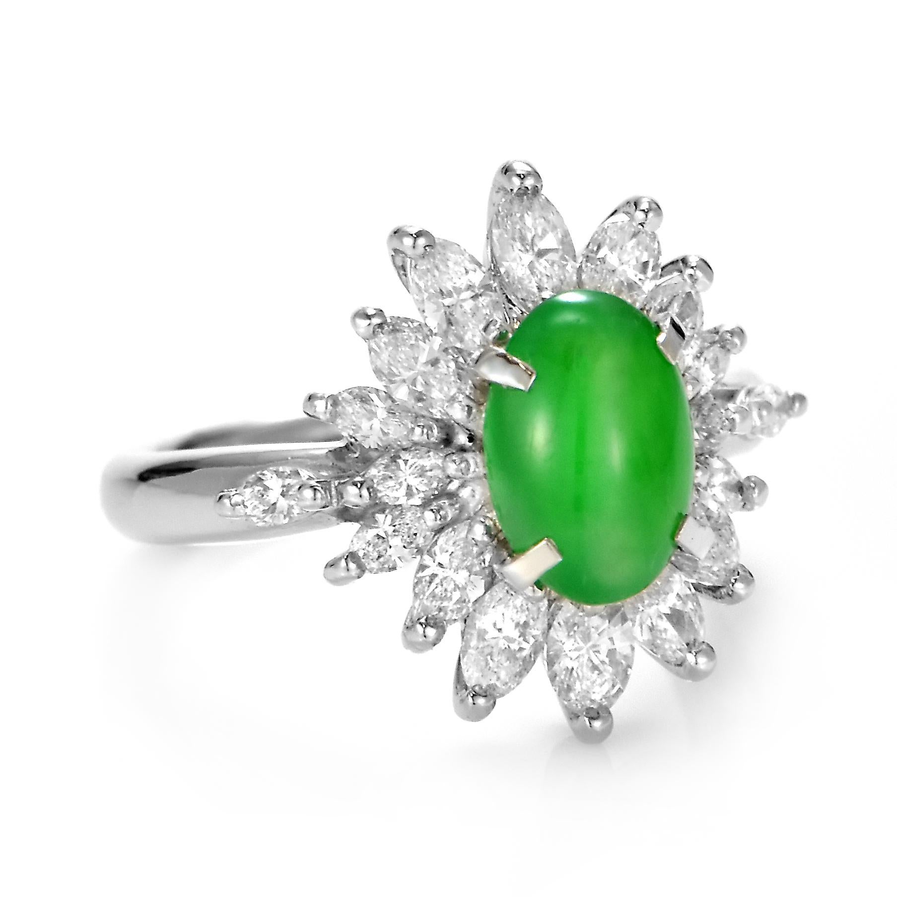 Cabochon 1.665 Carat Natural Type A Jade and Diamond Ring Made in Platinum For Sale