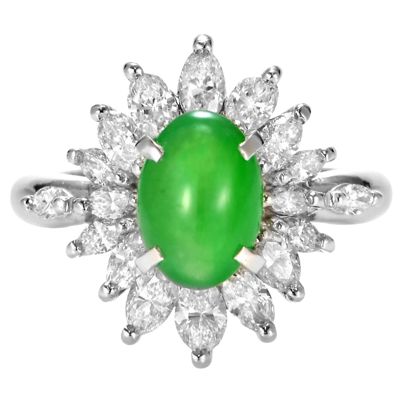1.665 Carat Natural Type A Jade and Diamond Ring Made in Platinum