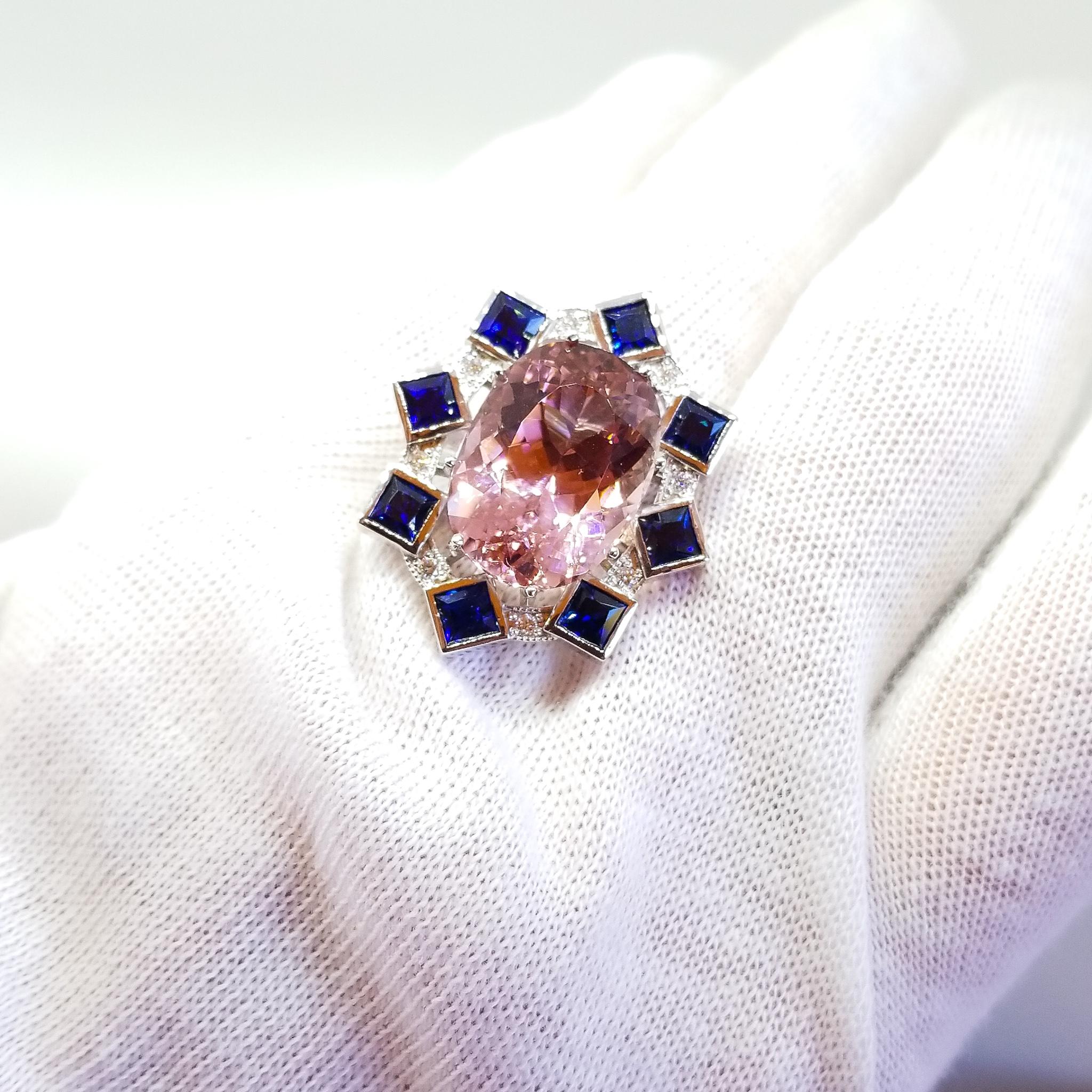 16.65 Carat Pink Tourmaline 3.60 Carat Sapphire .52 Carat Diamond Cocktail Ring In New Condition For Sale In Lambertville , NJ