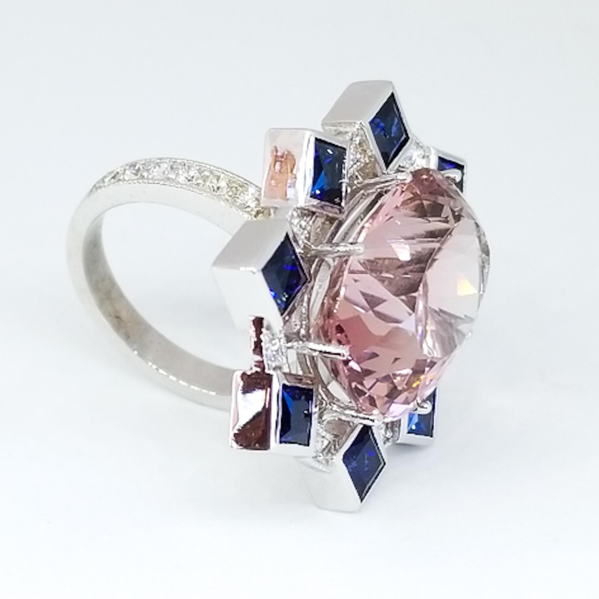 Women's or Men's 16.65 Carat Pink Tourmaline 3.60 Carat Sapphire .52 Carat Diamond Cocktail Ring For Sale