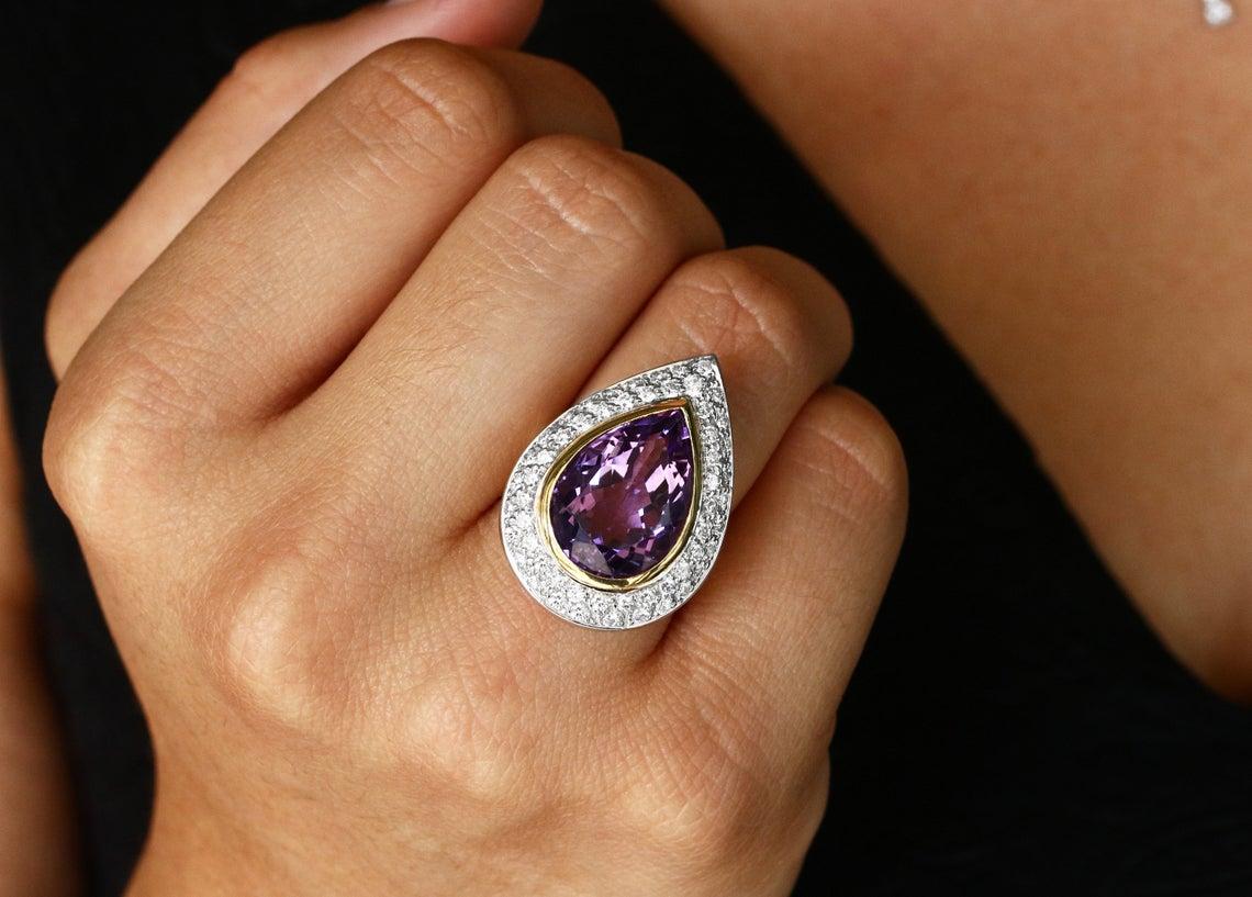 Pear Cut 16.65tcw 18K Natural Amethyst & Diamond Cocktail Ring For Sale