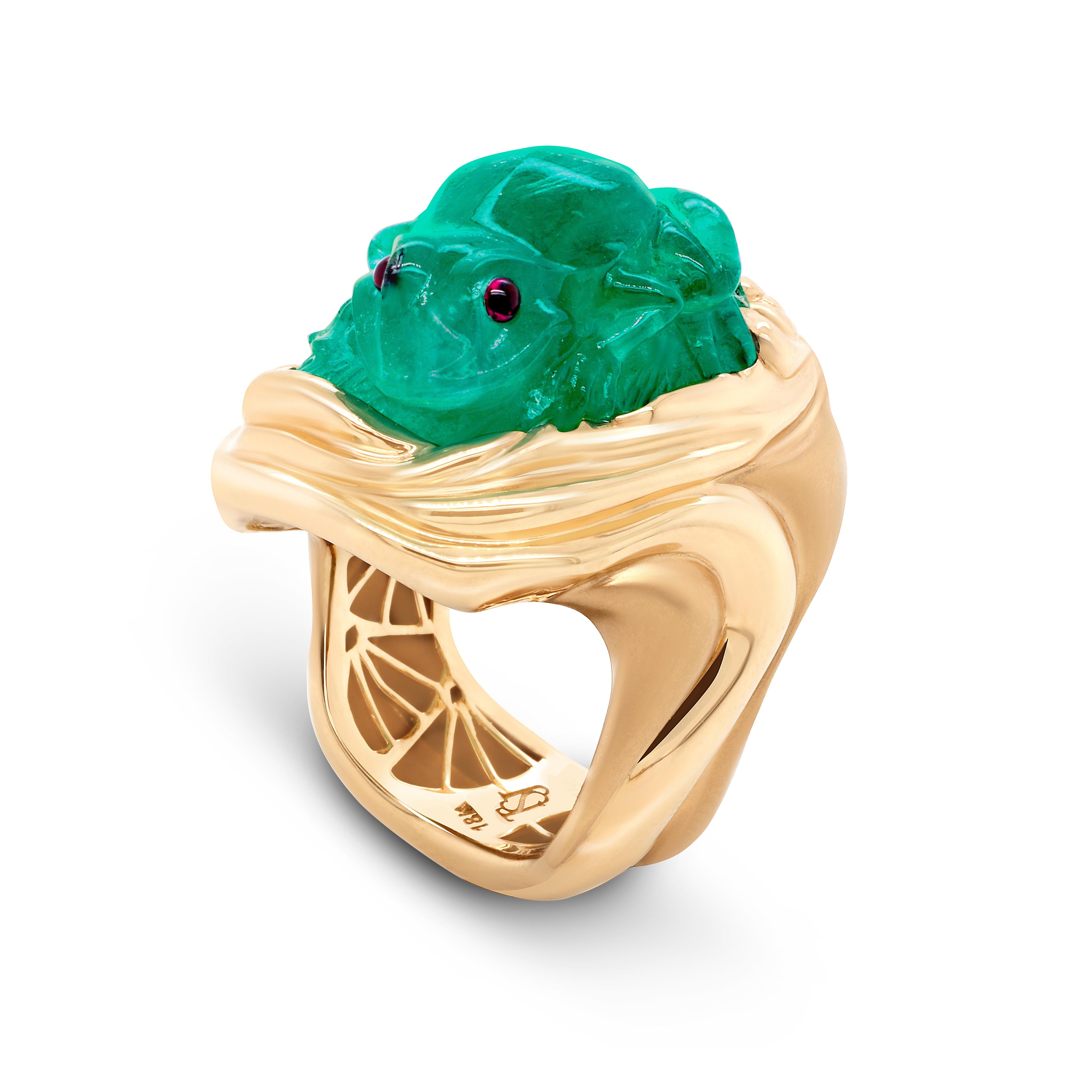 This is an intricate 18 KT Yellow Gold Ring adorned with 16.67 ct Russian Emerald. It's a real masterpiece in Tsarina Jewels' collection inspired by nature! 

Center stone:       Russian Emerald
Weight:                  16.67 ct 
Color:             