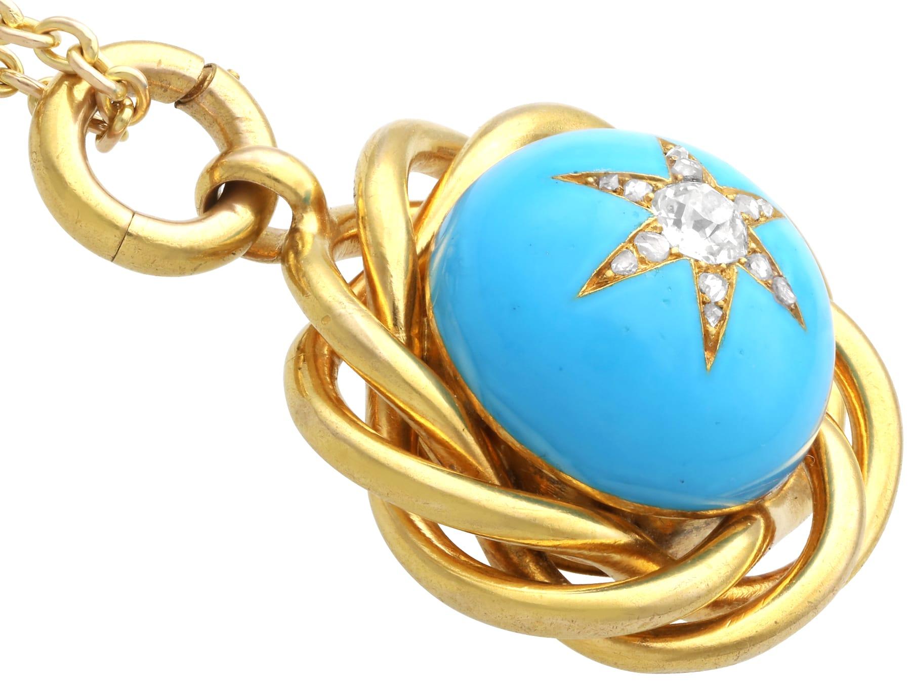 Pendentif en or jaune 18k de 16,68 carats de turquoise et 0,47 carat de diamant Circa 1880 Excellent état - En vente à Jesmond, Newcastle Upon Tyne