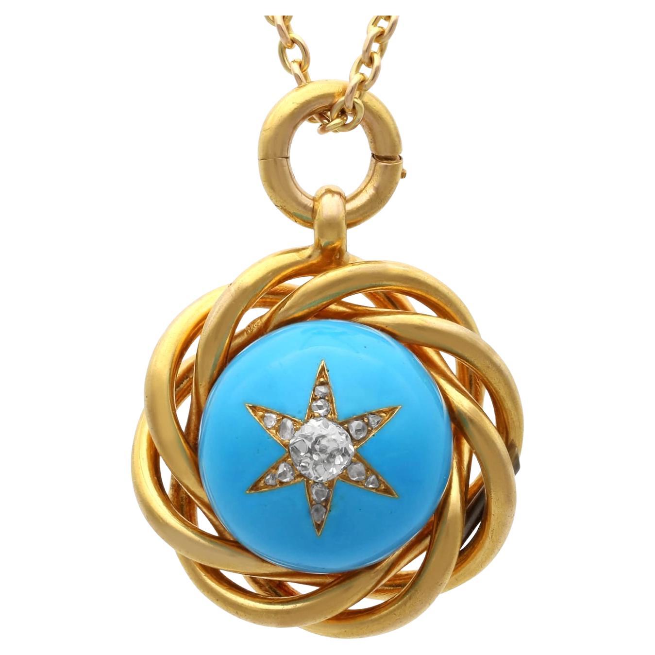 Colgante de oro amarillo de 18 quilates con turquesa de 16,68 quilates y diamantes de 0,47 quilates Circa 1880