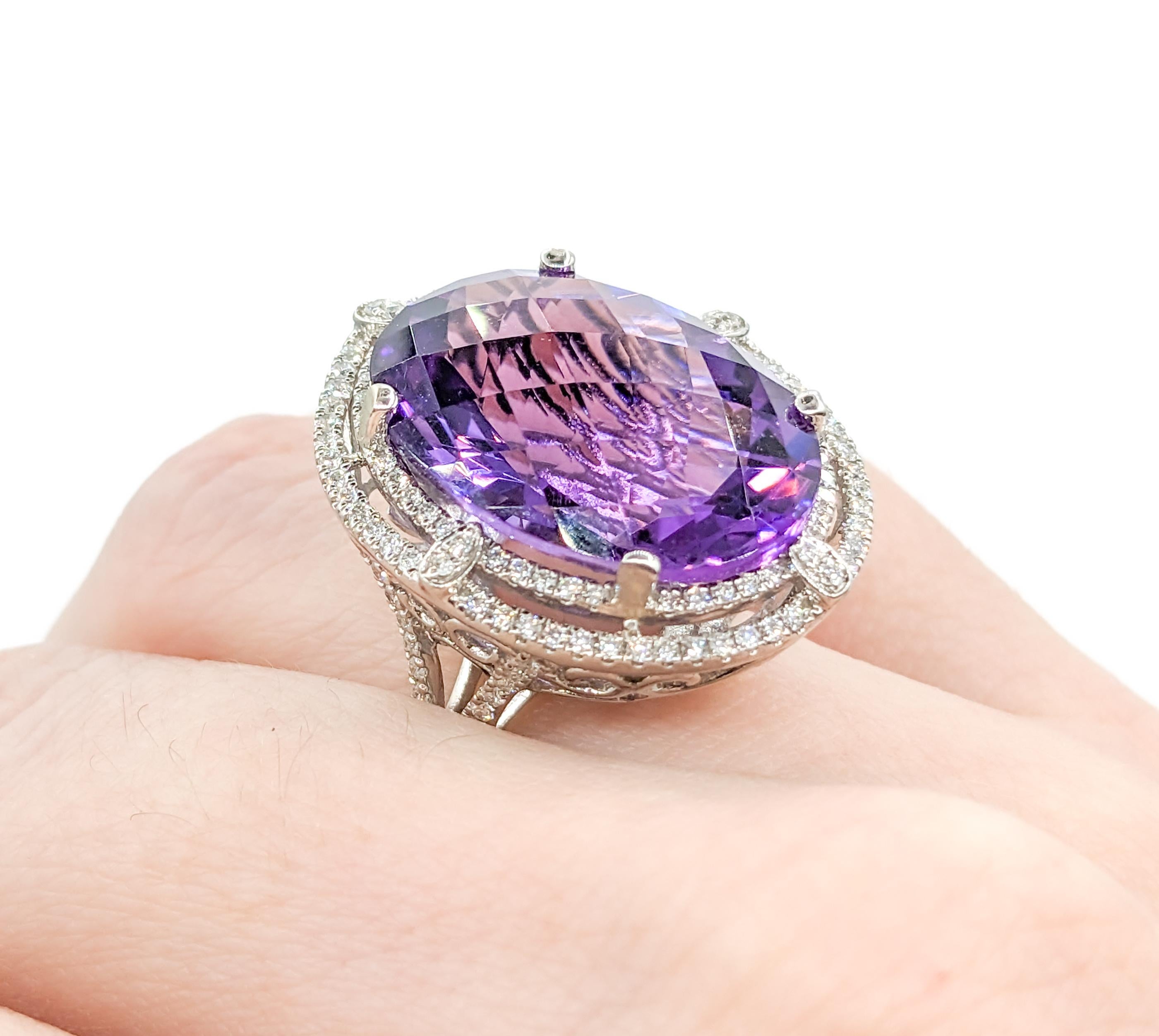 Modern 16.68ct Amethyst & Diamonds Cocktail Ring In White Gold
