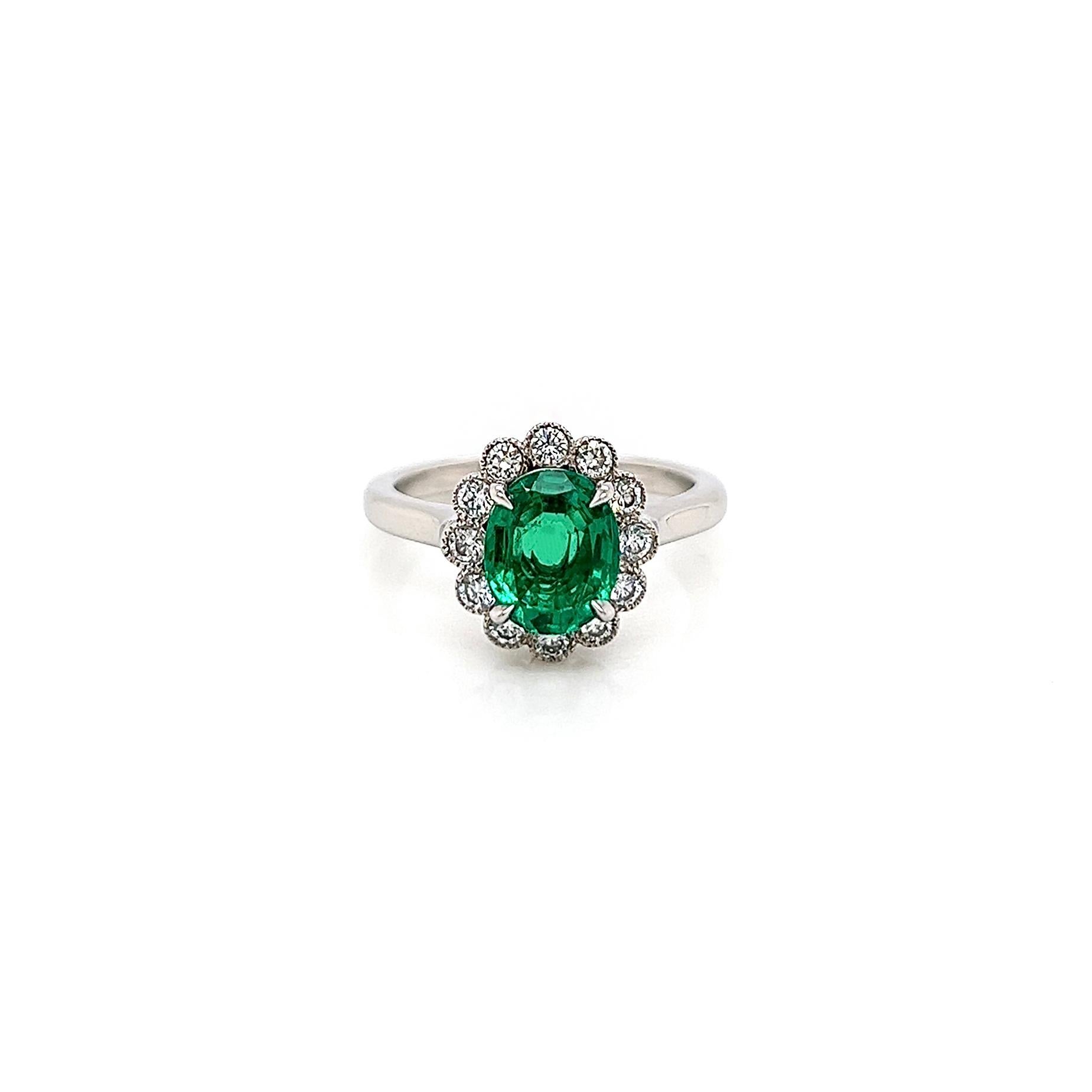 1.66 Total Carat Green Emerald and Diamond Ladies Ring, GIA

-Metal Type: Platinum
-1.33 Carat Oval Columbian Green Emerald, GIA Certified
-0.33 Carat Round Natural Diamonds, E-F Color, VS-SI Clarity
-Size 6.0

Made in New York City.