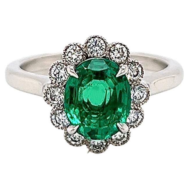 1.66 Total Carat Green Emerald and Diamond Ladies Ring, GIA For Sale