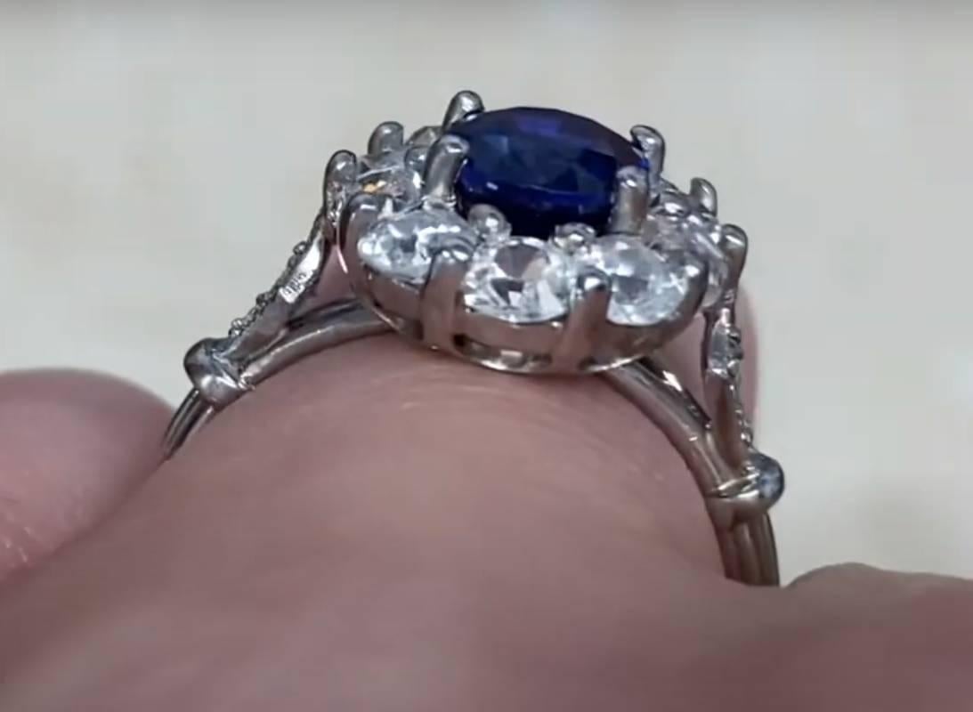 1.66ct Blue Oval Cut Sapphire Cluster Ring, Floral Diamond Halo, Platinum 4