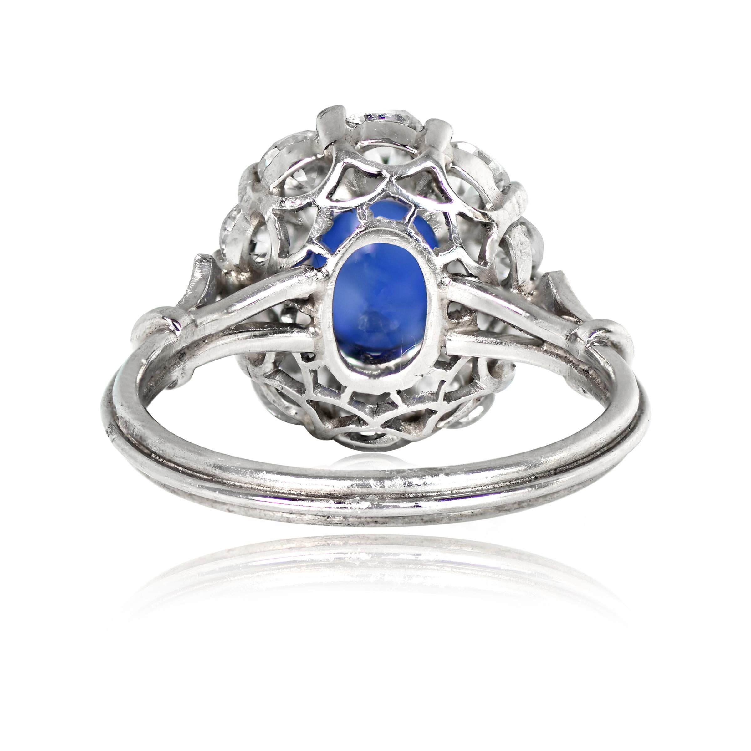 Art Deco 1.66ct Blue Oval Cut Sapphire Cluster Ring, Floral Diamond Halo, Platinum