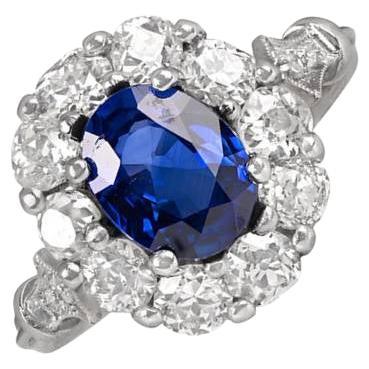1.66ct Blue Oval Cut Sapphire Cluster Ring, Floral Diamond Halo, Platinum