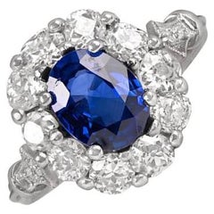 1.66ct Blue Oval Cut Sapphire Cluster Ring, Floral Diamond Halo, Platinum