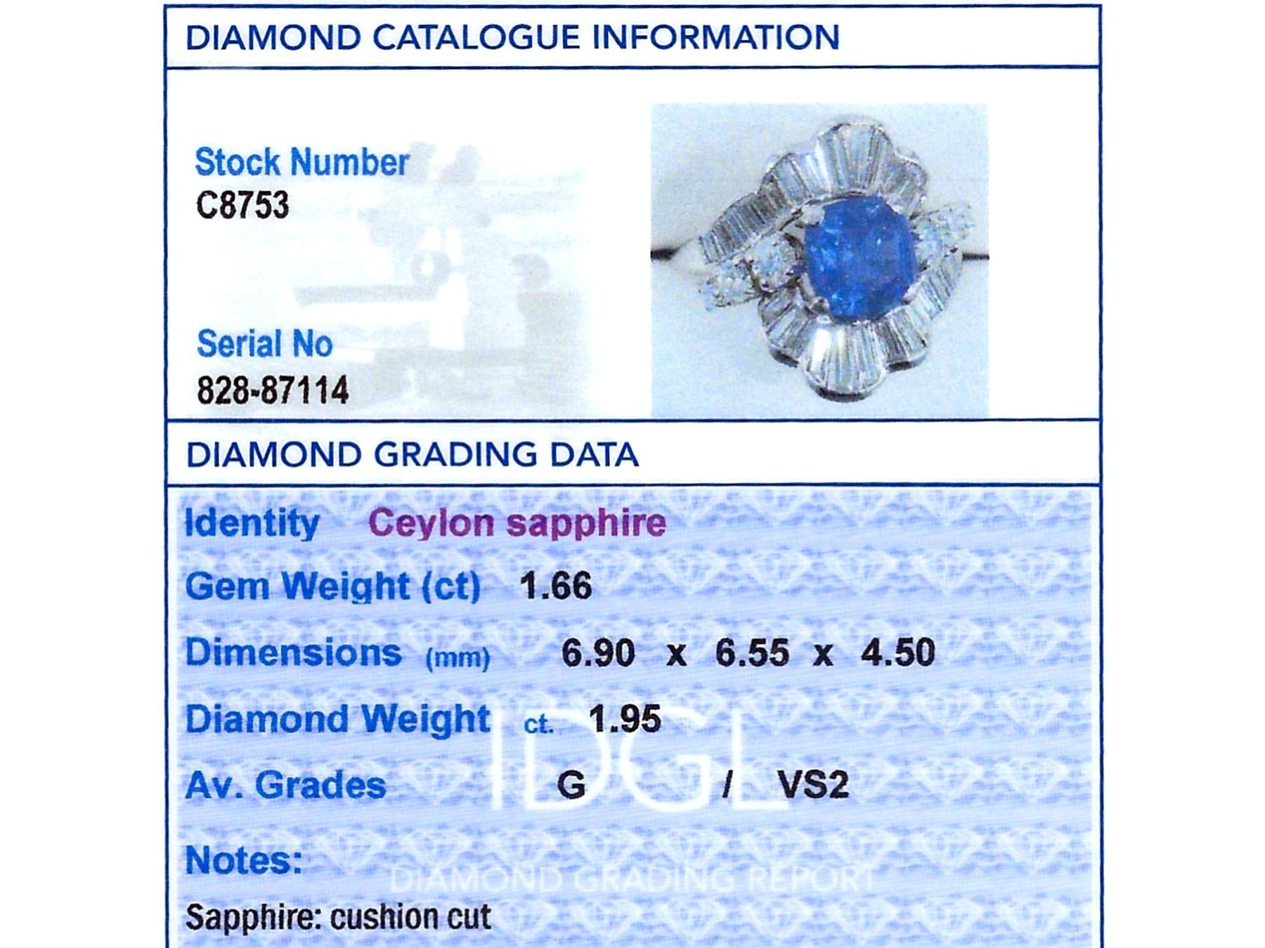 1.66Ct Ceylon Sapphire and 1.95Ct Diamond, Platinum Dress Ring Circa 1935 For Sale 9