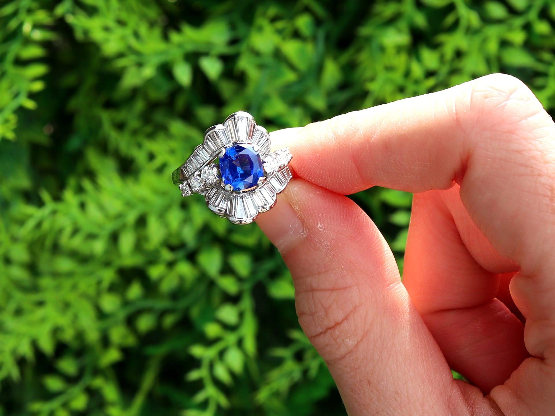 A stunning, fine and impressive 1.66 carat Ceylon sapphire and 1.95 carat diamond, platinum dress ring; part of our diverse antique sapphire jewellery collections.

This stunning antique sapphire and diamond ring has been crafted in platinum.

The