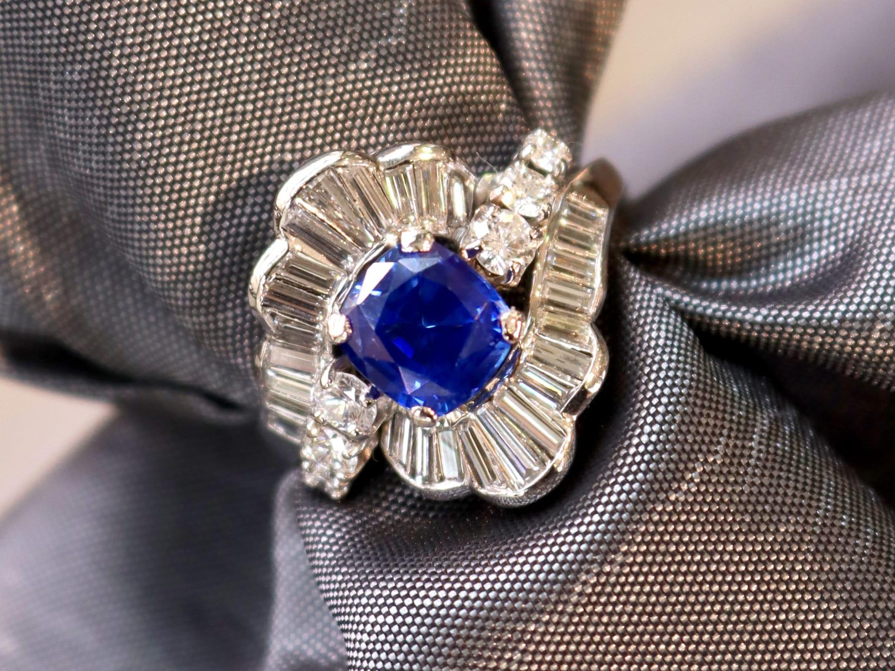 Cushion Cut 1.66Ct Ceylon Sapphire and 1.95Ct Diamond, Platinum Dress Ring Circa 1935 For Sale