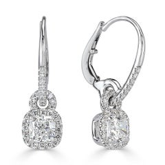 Boucles d'oreilles pendantes en platine avec diamant taillé en coussin de 1,66ct