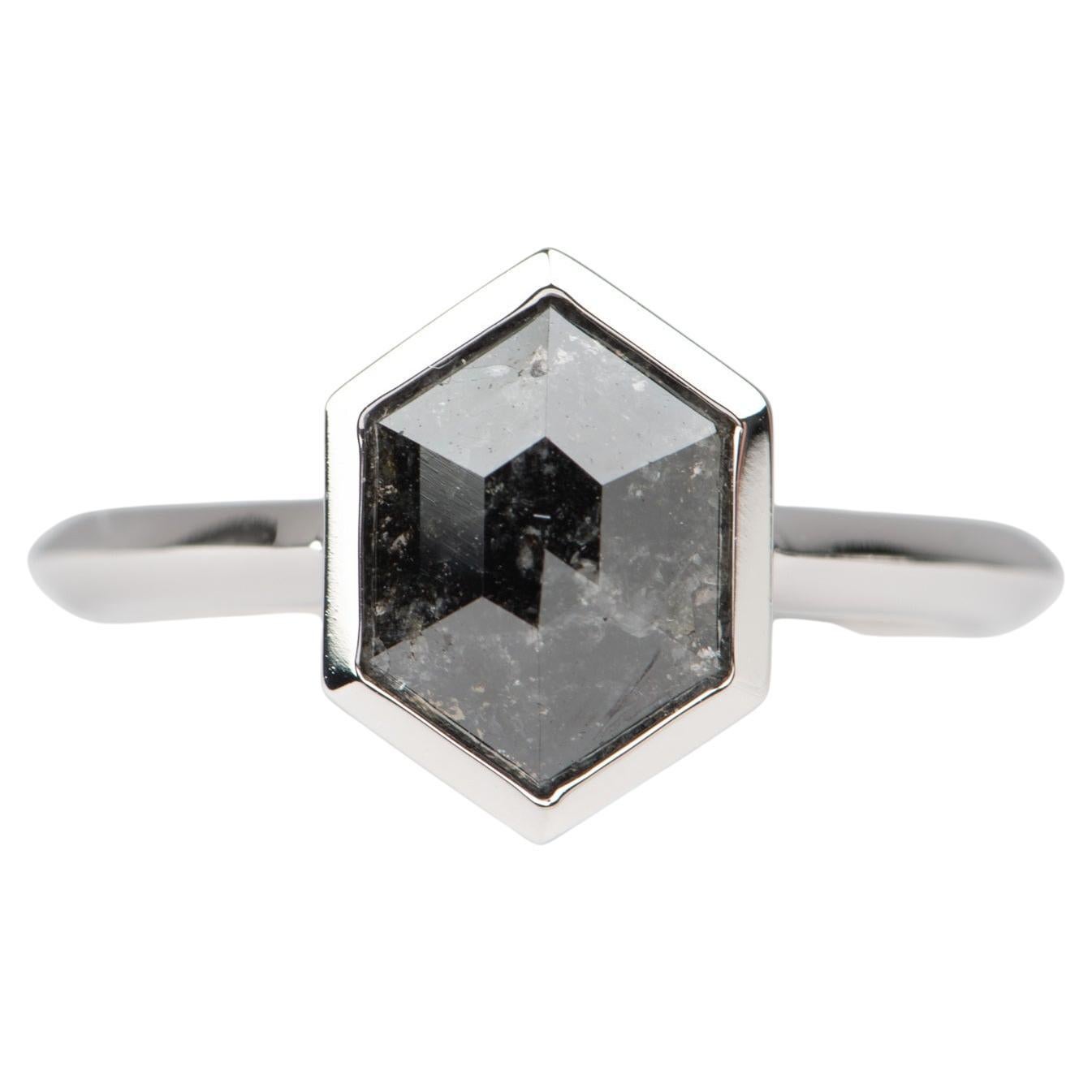1.66ct Hexagon Shape Salt and Pepper Diamond Bezel Set Engagement Ring 14K WG