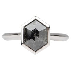 1.66ct Hexagon Shape Salt and Pepper Diamond Bezel Set Engagement Ring 14K WG