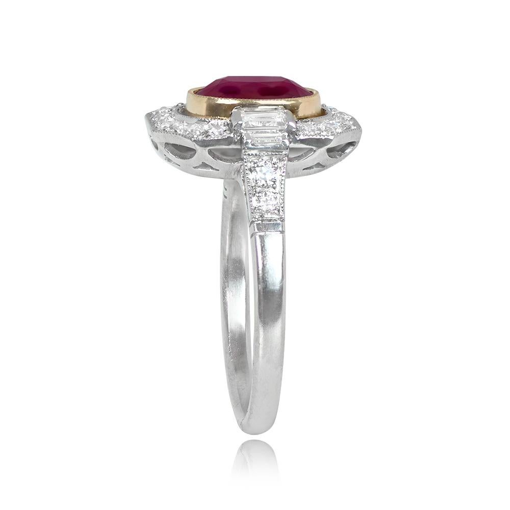 Art Deco 1.66ct Oval Cut Natural Ruby Engagement Ring, Platinum & 18k Yellow Gold For Sale