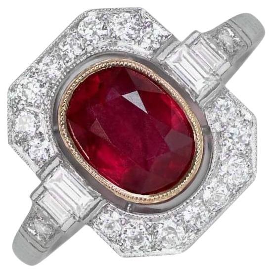 1.66ct Oval Cut Natural Ruby Engagement Ring, Platinum & 18k Yellow Gold For Sale