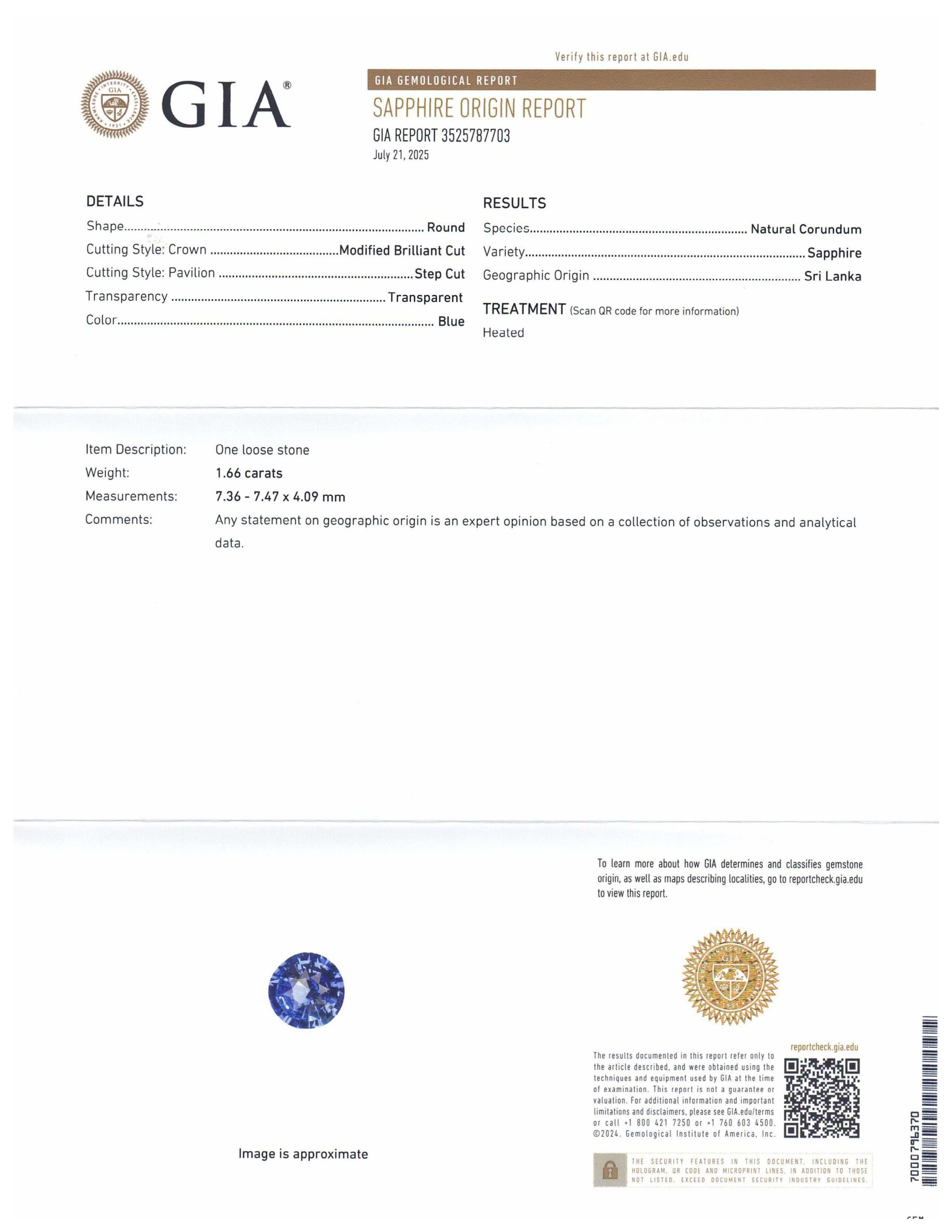 This is a stunning GIA Certified Sapphire 


The GIA report reads as follows:

GIA Report Number: 3525787703
Shape: Round
Cutting Style: 
Cutting Style: Crown: Modified Brilliant Cut
Cutting Style: Pavilion: Step Cut
Transparency: