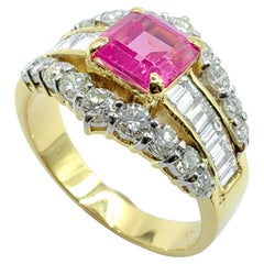 Vintage Art Deco Emerald Cut Pink Sapphire & Diamond Cocktail Ring in 20K YG