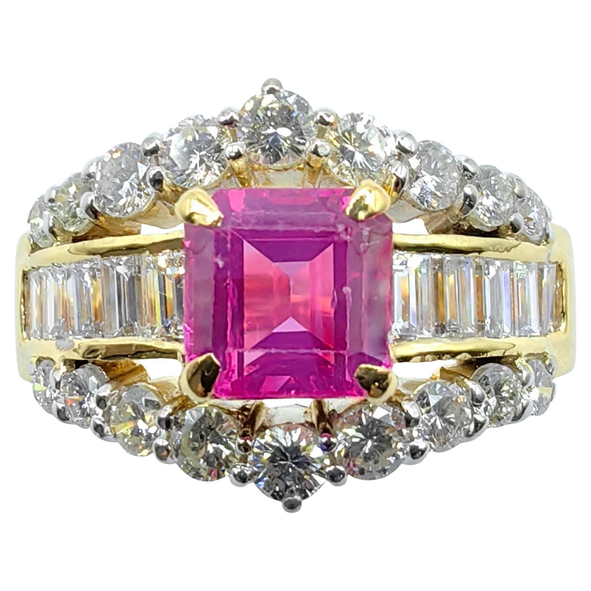Vintage Art Deco Emerald Cut Pink Sapphire & Diamond Cocktail Ring in 20K YG