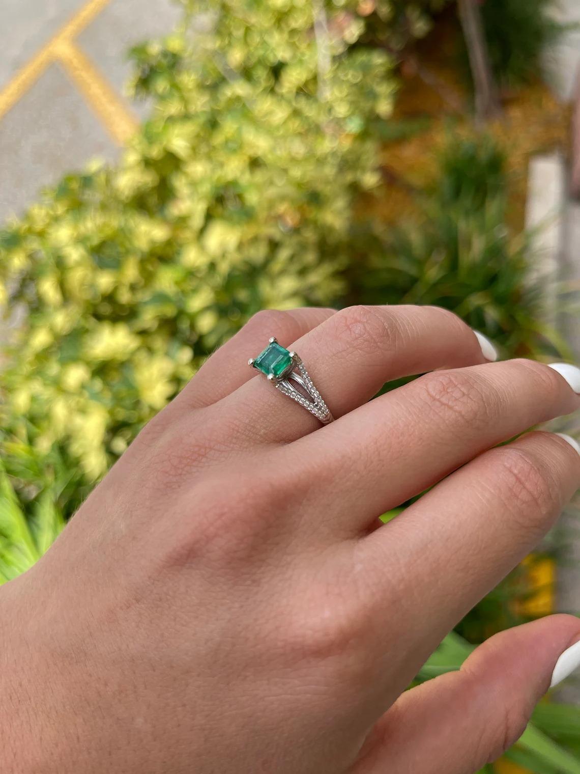 Modern 1.66tcw 14K Natural Emerald-Asscher Cut & Diamond Split Shank Engagement Ring  For Sale