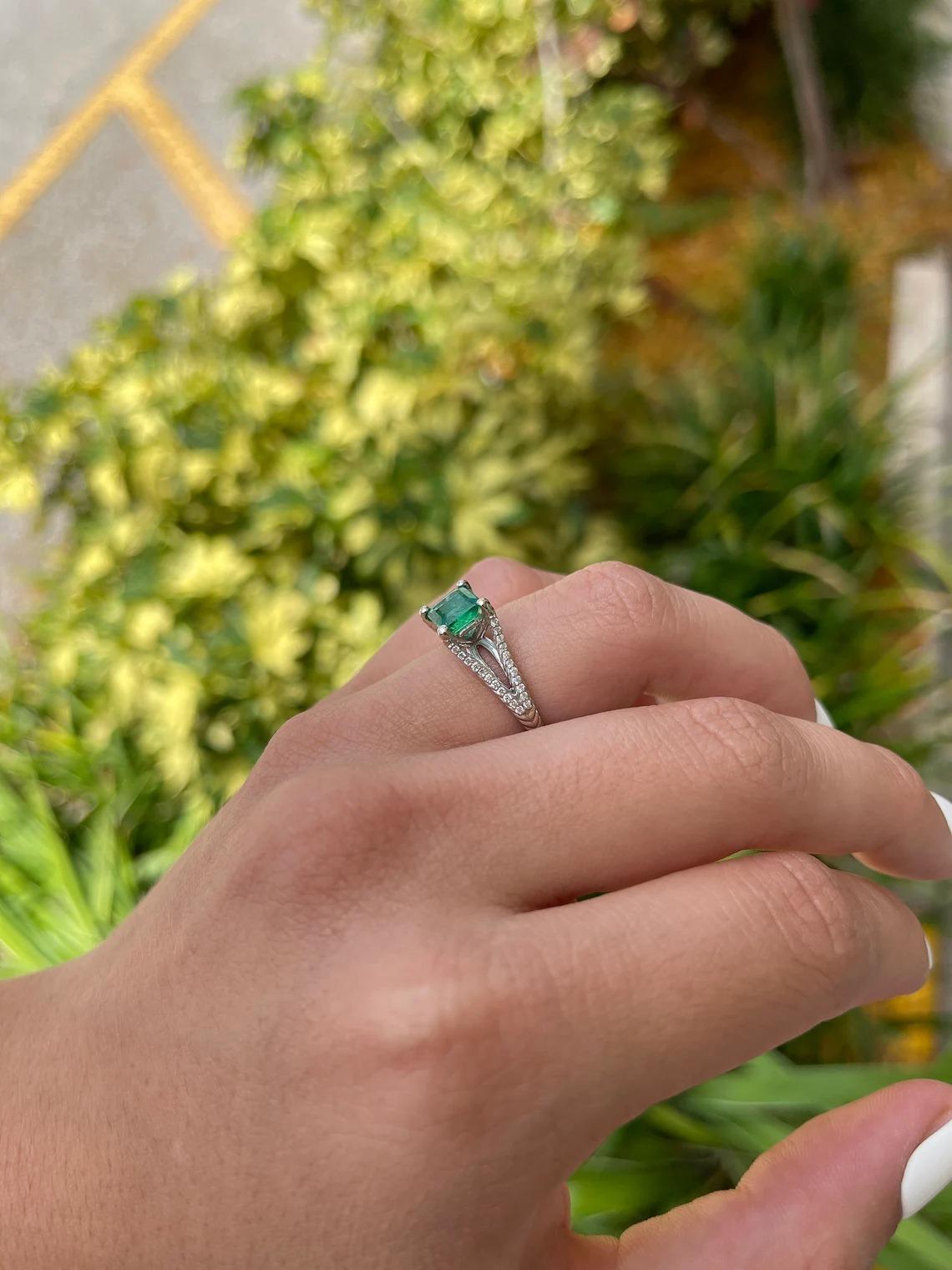1.66tcw 14K Natural Emerald-Asscher Cut & Diamond Split Shank Engagement Ring In New Condition For Sale In Jupiter, FL