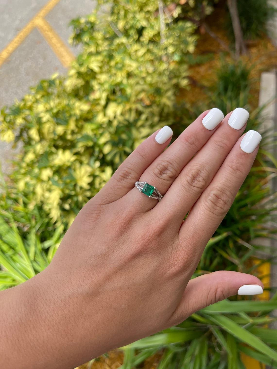 1.66tcw 14K Natural Emerald-Asscher Cut & Diamond Split Shank Engagement Ring  For Sale 1
