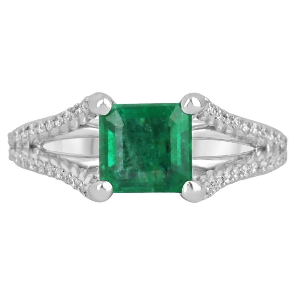 1.66tcw 14K Natural Emerald-Asscher Cut & Diamond Split Shank Engagement Ring  For Sale