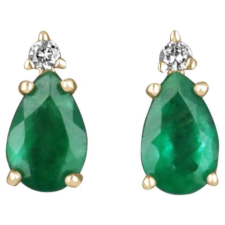 1.66tcw Teardrop Emerald & Diamond Stud Earrings 14K Gold Pear Cut
