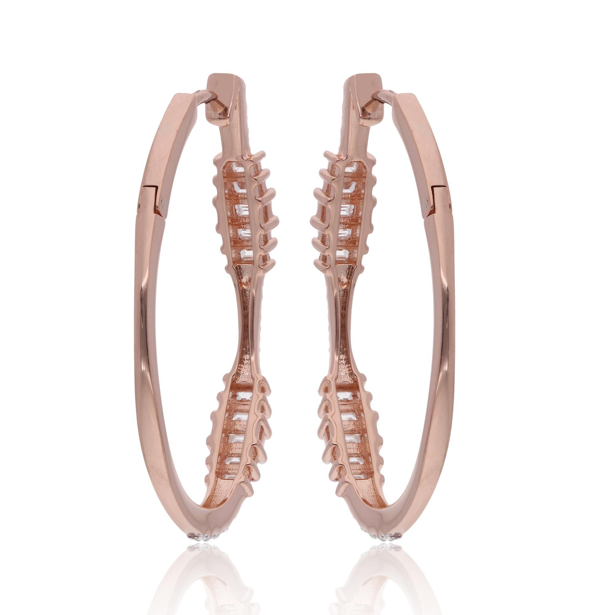 1.67 Carat Baguette Round Diamond Hoop Earrings 18 Karat Rose Gold Fine Jewelry Pour femmes en vente