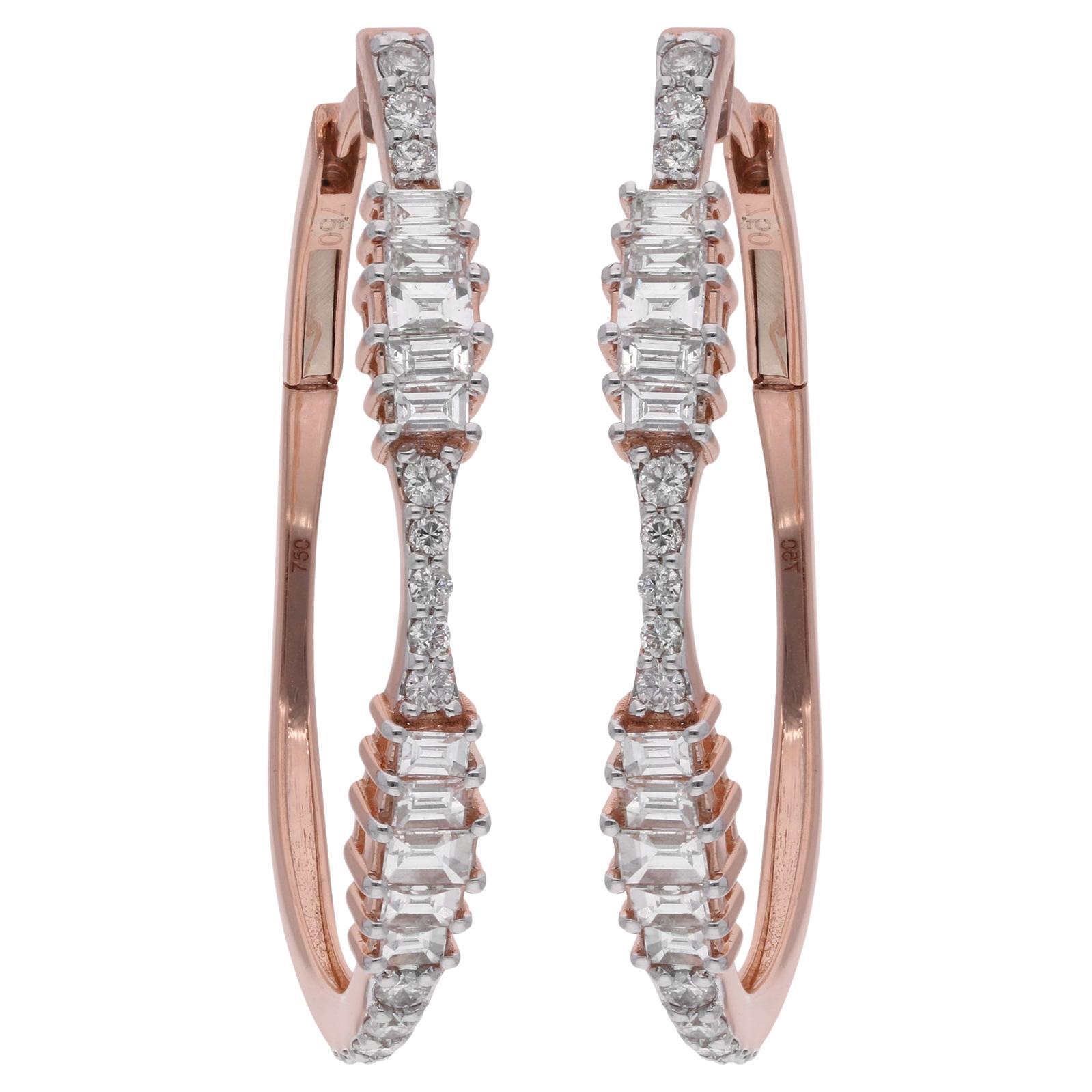 1.67 Carat Baguette Round Diamond Hoop Earrings 18 Karat Rose Gold Fine Jewelry en vente