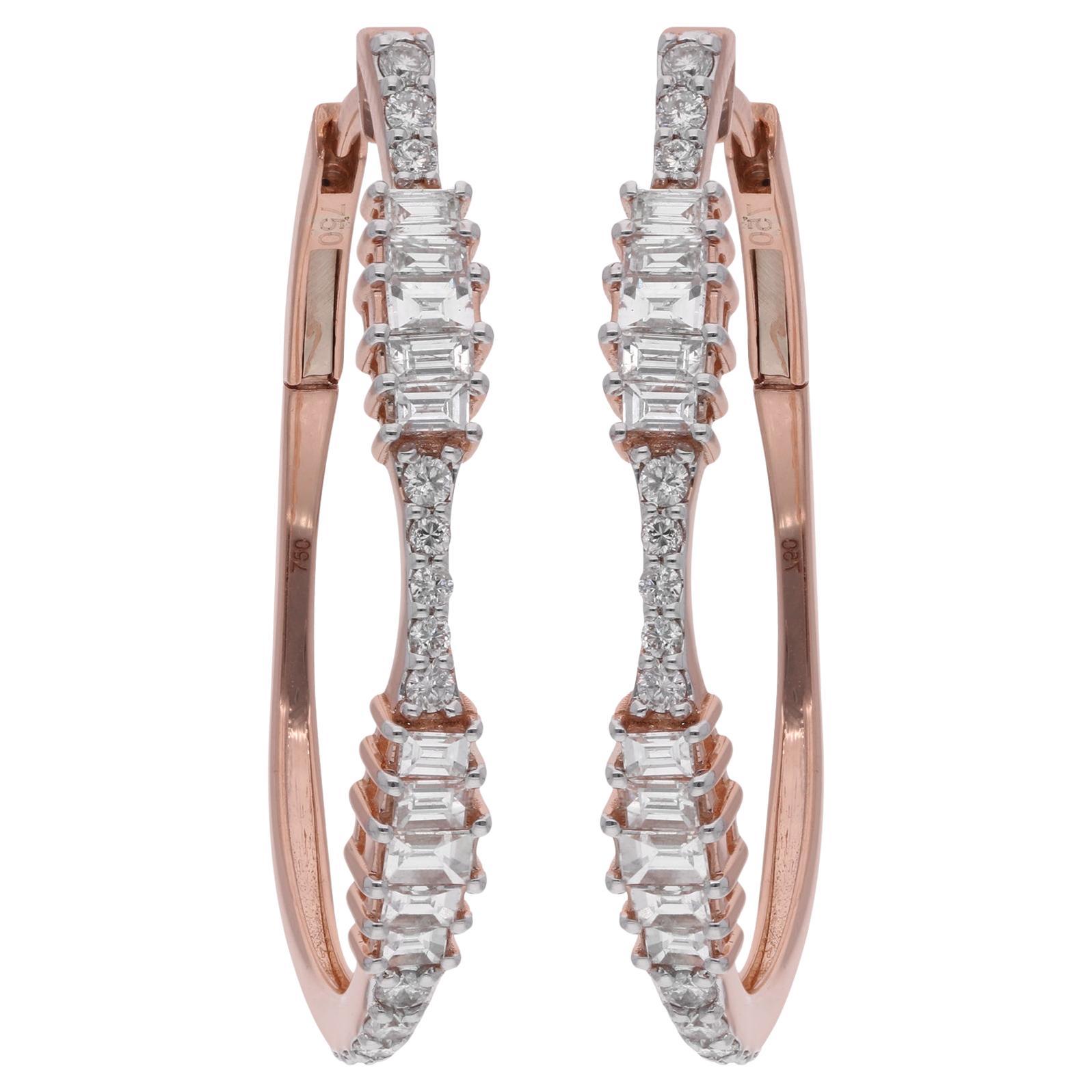 1.67 Carat Baguette Round Diamond Hoop Earrings 18 Karat Rose Gold Fine Jewelry